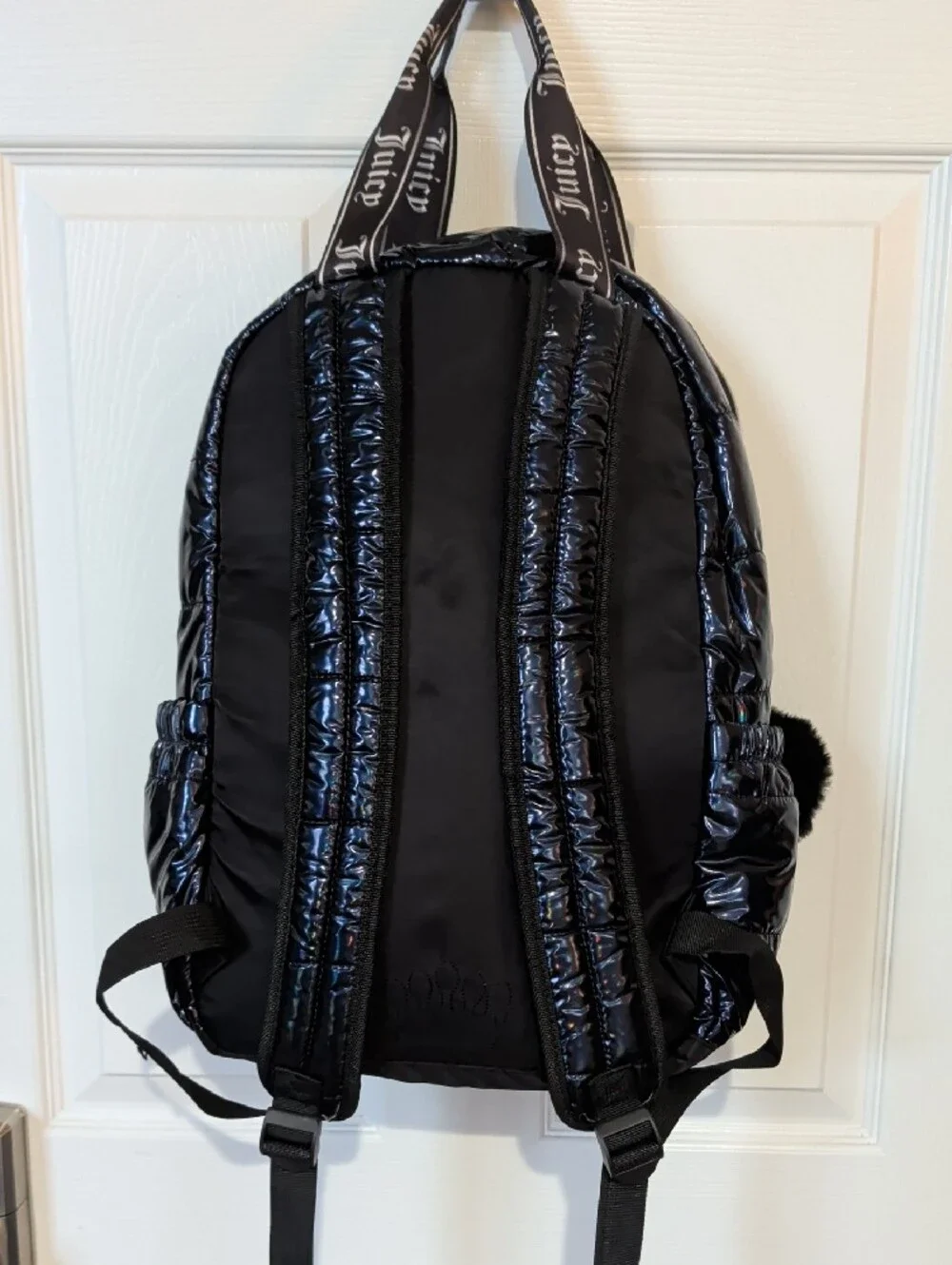 Juicy Couture Black Iridescent Puffer Backpack with Pom Charm